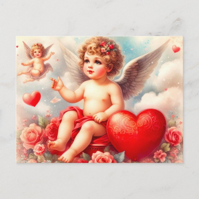 Vintage Cherub Angel med Rosa ros Vykort (Framsida)