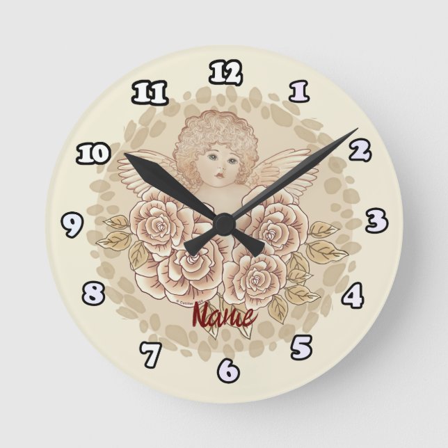 Vintage Cherub Ängelklocka Rund Klocka (Framsida)
