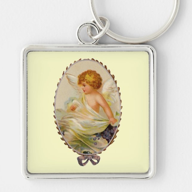 Vintage Cherub Fyrkantig Silverfärgad Nyckelring (Framsidan)