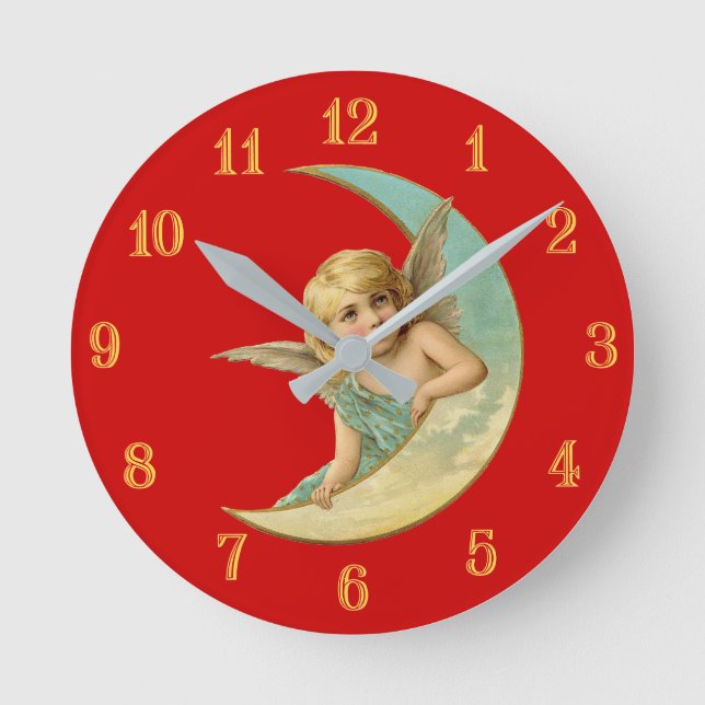 Vintage Cherub i Crescent Måne Rund Klocka (Framsida)