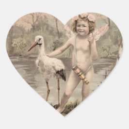 Vintage Cherub med Stork efter Sjö Hjärtformat Klistermärke