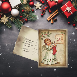 Vintage Cherub Red Stocking jul Helg Vykort