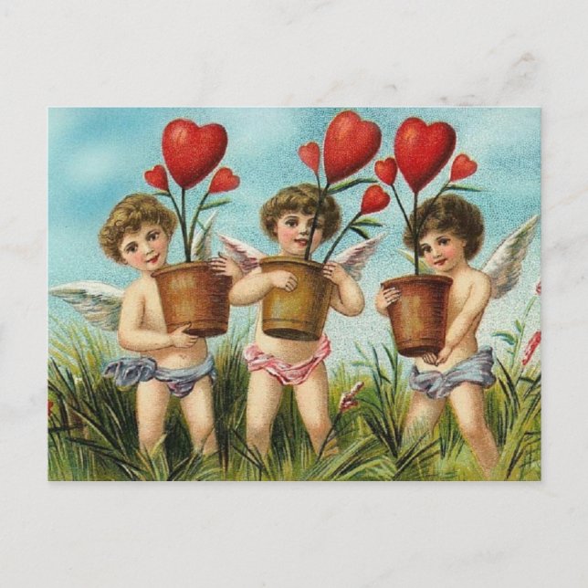 Vintage Cherubs & Heart Flowers Valentine Helg Vykort (Framsida)