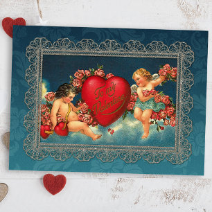 Vintage Cherubs och Valentine Heart Helg Vykort