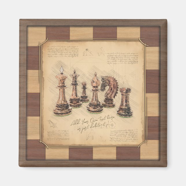 Vintage Chessboard & Chess Delar, Player Gift Magnet (Framsidan)