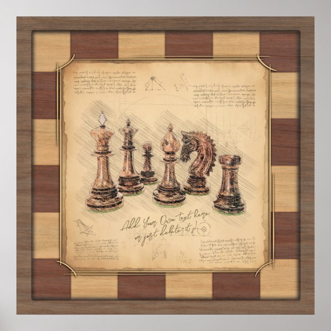 Vintage Chessboard & Chess Delar, Player Gift Poster (Framsidan)