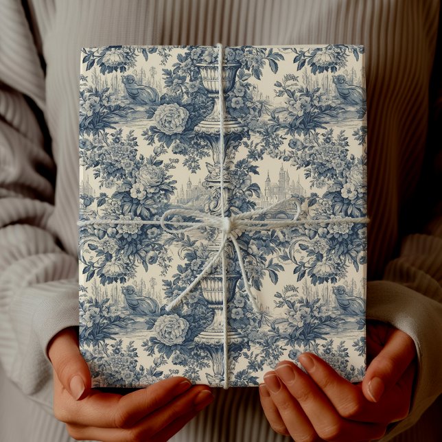 Vintage Chic Blå Blommig Toile de Jouy Presentpapper (Skapare uppladdad)