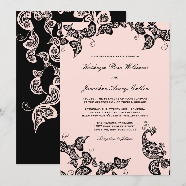 Vintage Chic Blommigt Black Peacock Wedding bjudan Inbjudningar (Fram/baksida)