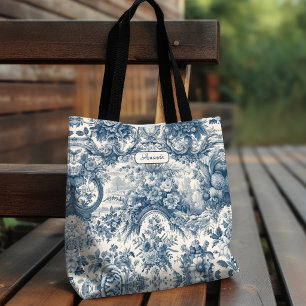 Vintage chic blomsterglas Blå toile de jouy monogr Tygkasse