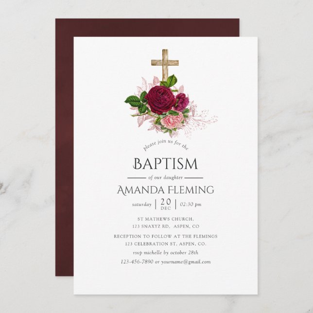 Vintage Chic  & Burgundy Baptism/Christening Inbjudningar (Fram/baksida)