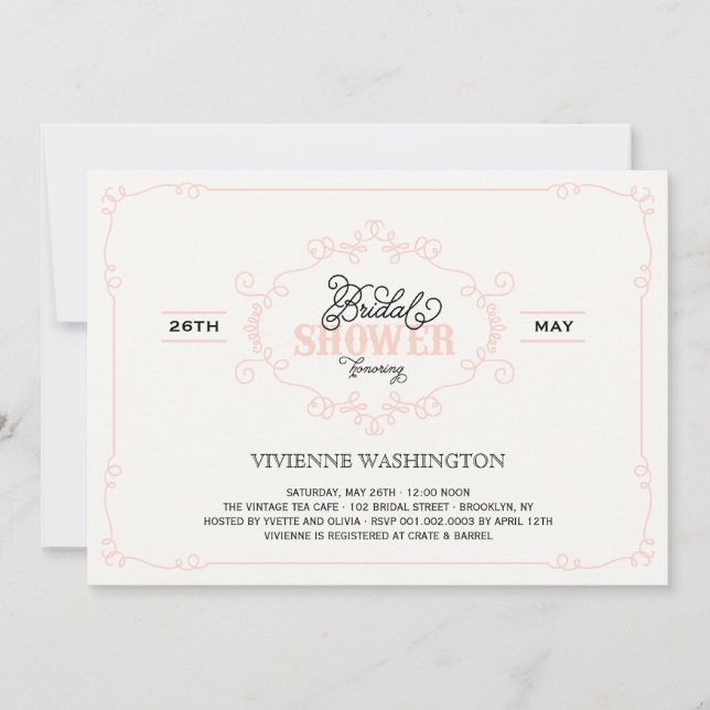 Vintage Chic Flourish Rosa Bröllopsdusch Inbjudan (Framsida)