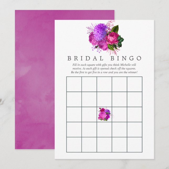 Vintage Chic Fuchsia & Lila Bröllopsdusch Bingo Inbjudningar (Fram/baksida)