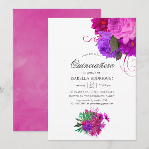 Vintage Chic Fuchsia och Lila Blommig Quinceañera Inbjudningar