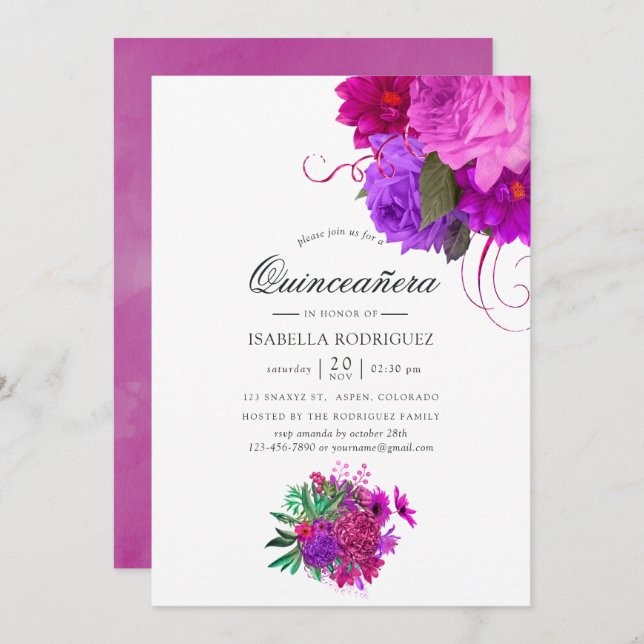 Vintage Chic Fuchsia och Lila Blommigt Quinceañera Inbjudningar (Fram/baksida)