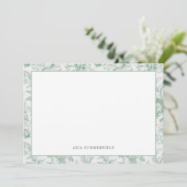 Vintage Chic Grönt och vit Blommigt Toile Gräns Anteckningskort