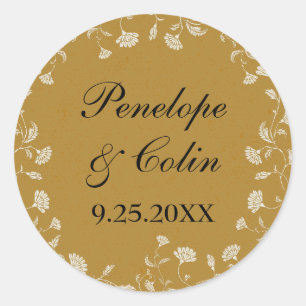 Vintage Chic Guld Blommigt Namn Runt Klistermärke
