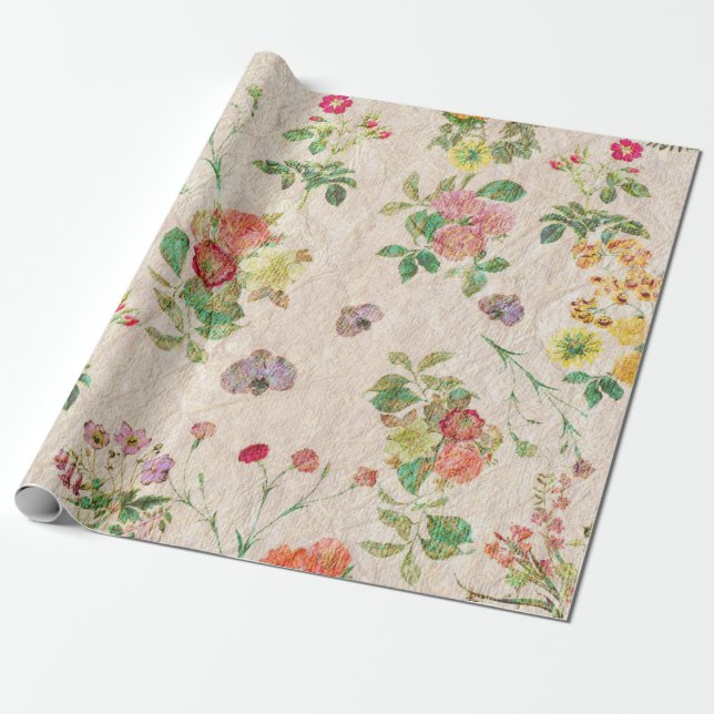 Vintage chic gult rosa sött blommönster presentpapper (Utrullad)