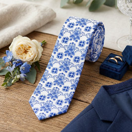 Vintage Chic Holländsk Delft Blå Blommig Konst Mön Slips