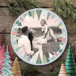 Vintage Chic Julgran Photo GRÅTT grönt Round Julkort