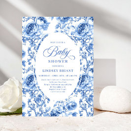 Vintage Chic Navy Toile de Jouy Roses Baby Shower Inbjudningar