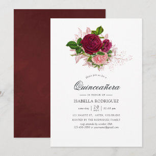 Vintage Chic och Burgundy Blommigt Quinceañera Inbjudningar