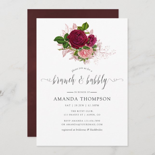 Vintage Chic  och Burgundy Brunch och Bubly Inbjudningar (Fram/baksida)