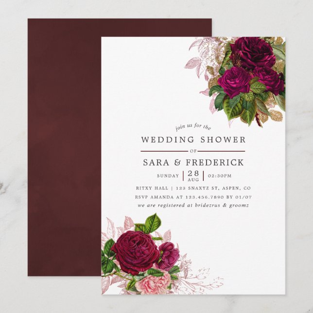Vintage Chic Rosa & Burgunder Bröllopsdusch Inbjudningar (Fram/baksida)