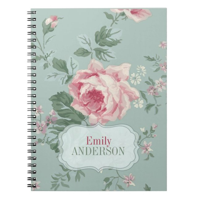 Vintage Chic Rosa ros Personlig Anteckningsbok Med Spiral (Framsidan)