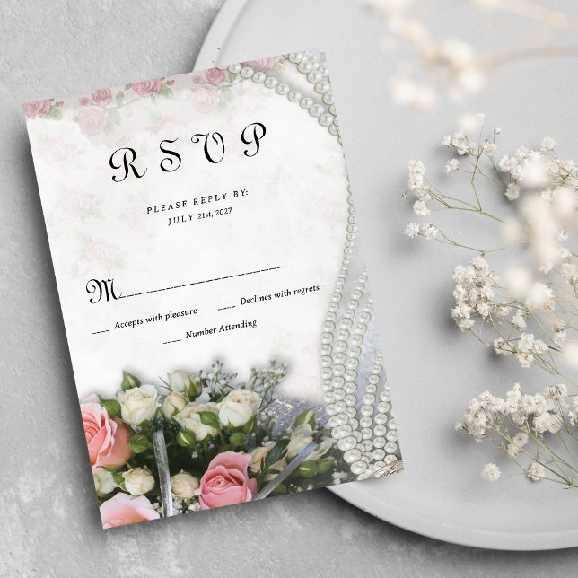 Vintage chic rosa vit ros blommigt OSA Inbjudningar (Vintage chic pink white rose floral RSVP )