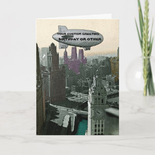 VINTAGE CHICAGO BLIMP over CITY TECKNAD BIRTHDAY P Kort