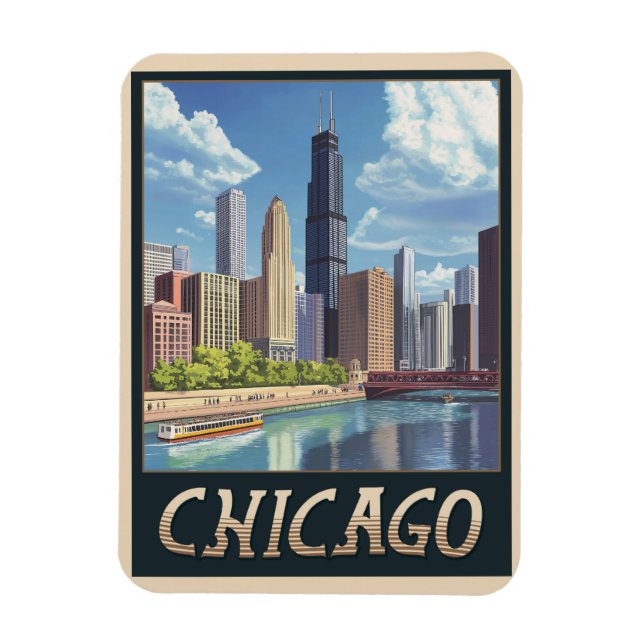 Vintage Chicago City Skyline Magnet (Vertikal)