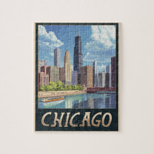 Vintage Chicago City Skyline Pussel