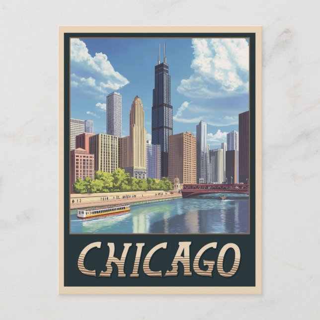 Vintage Chicago City Skyline Vykort (Framsida)