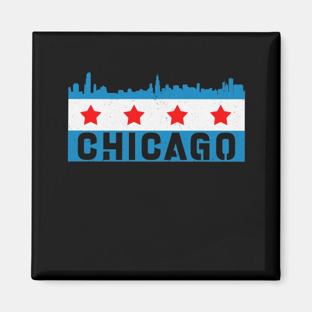 Vintage Chicago Flagga Skyline Magnet (Framsidan)