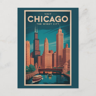 Vintage Chicago Illinois Blåsiga Staden Siluett Re Vykort