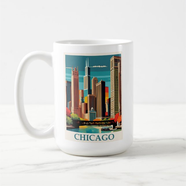 Vintage Chicago Illinois City Skyline Retro Travel Kaffemugg (Vänster)