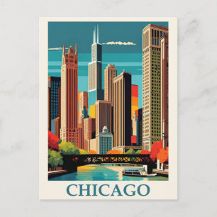 Vintage Chicago Illinois City Skyline Retro Travel Vykort