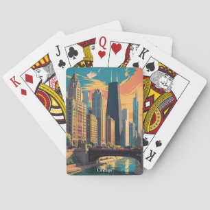 Vintage Chicago Illinois Färgrik Målning Siluett Casinokort