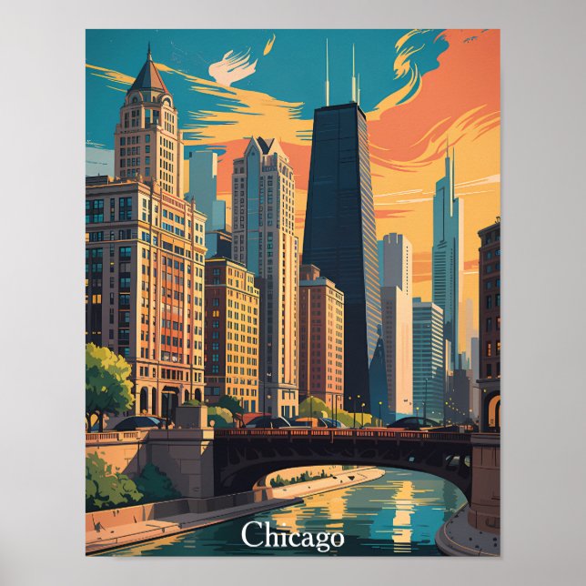 Vintage Chicago Illinois Färgrik Målning Siluett Poster (Framsidan)