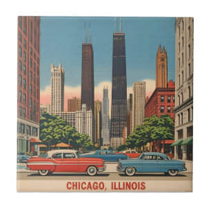 Vintage Chicago Illinois Stadssiluett Retro Resa Kakelplatta