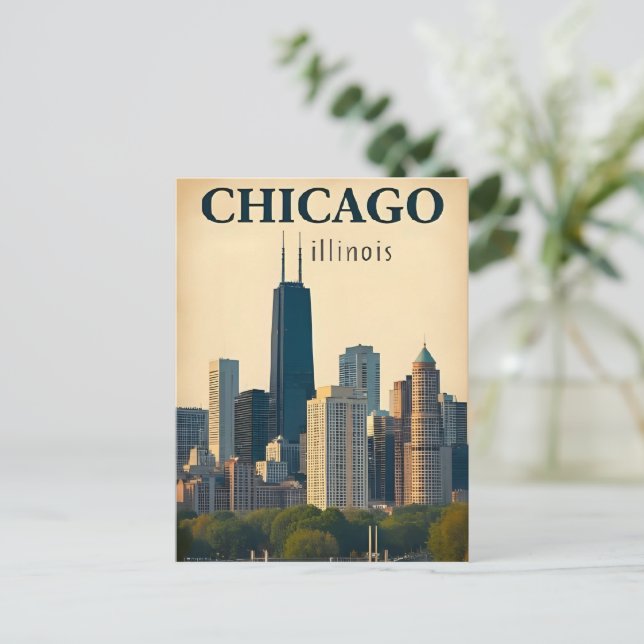 Vintage Chicago Illinois Stadssiluett Retro Resa Vykort (Stående Fram)