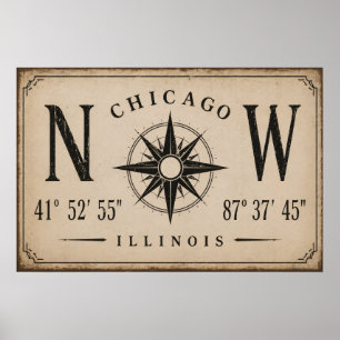 Vintage Chicago Koordinater Väggkonst