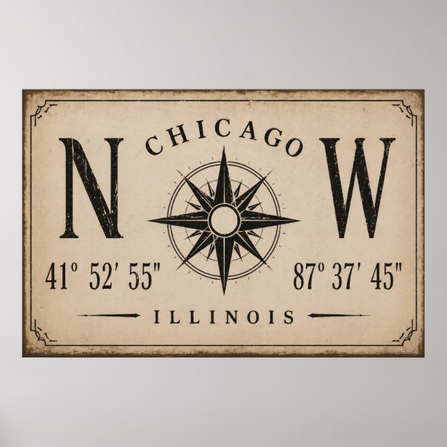 Vintage Chicago Koordinater Väggkonst (Framsidan)