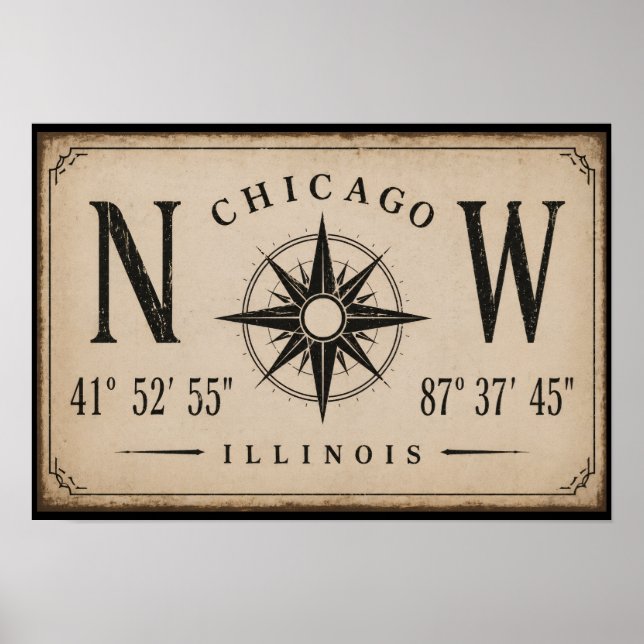 Vintage Chicago Koordinater Väggkonst (Framsidan)