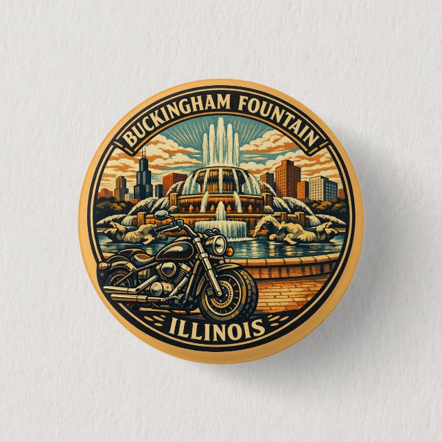 Vintage Chicago Motorcykel Buckingham Fountain Knapp (Framsida)