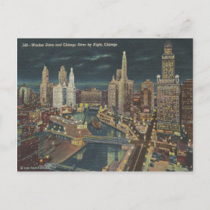 Vintage Chicago Night Skyline Vykort