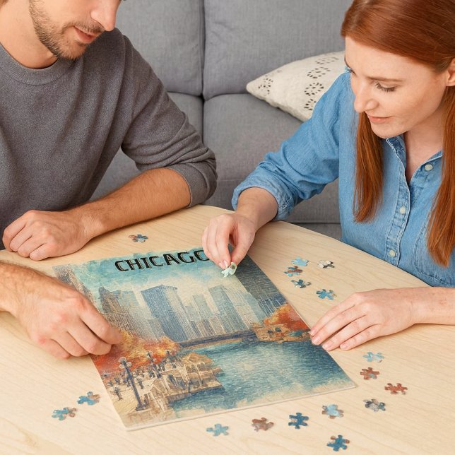 Vintage Chicago Riverwalk på hösten pussel (Jigsaw puzzles are fun for everyone. )