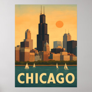 Vintage Chicago-siluett, Lake Michigan-segelbåt Poster