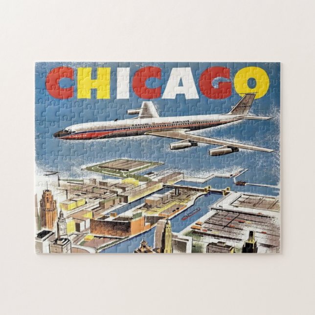 Vintage Chicago Skyline Airplan Pussel (Horisontell)