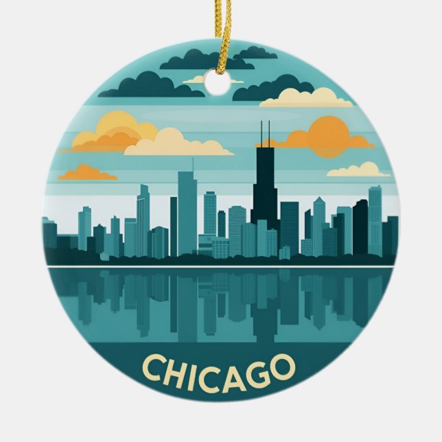 Vintage Chicago Skyline Julgransprydnad Keramik (Framsidan)